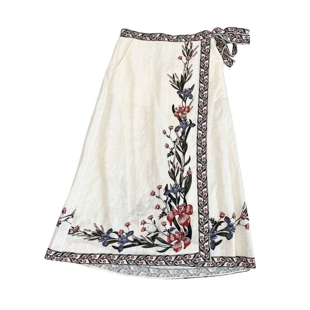Max Studio Floral Linen Blend Wrap Midi Skirt Ivory Tropical - Size Small
